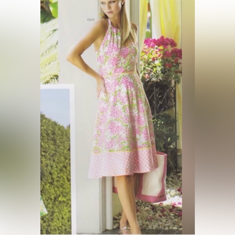 Vintage Lilly Pulitzer gingham butterfly print floral halter dress size‎ 6 GUC!